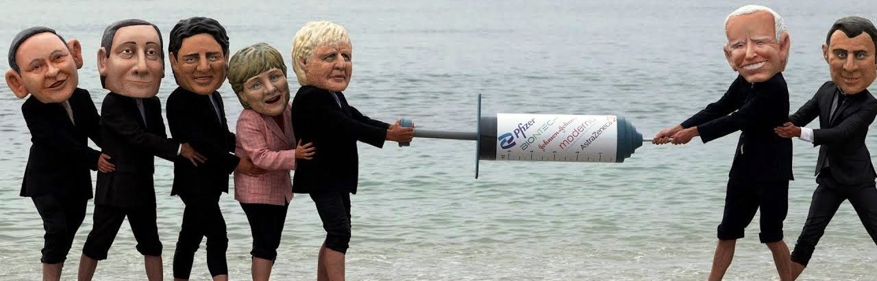 G7 leaders with vaccine syringe on beach - enlarge